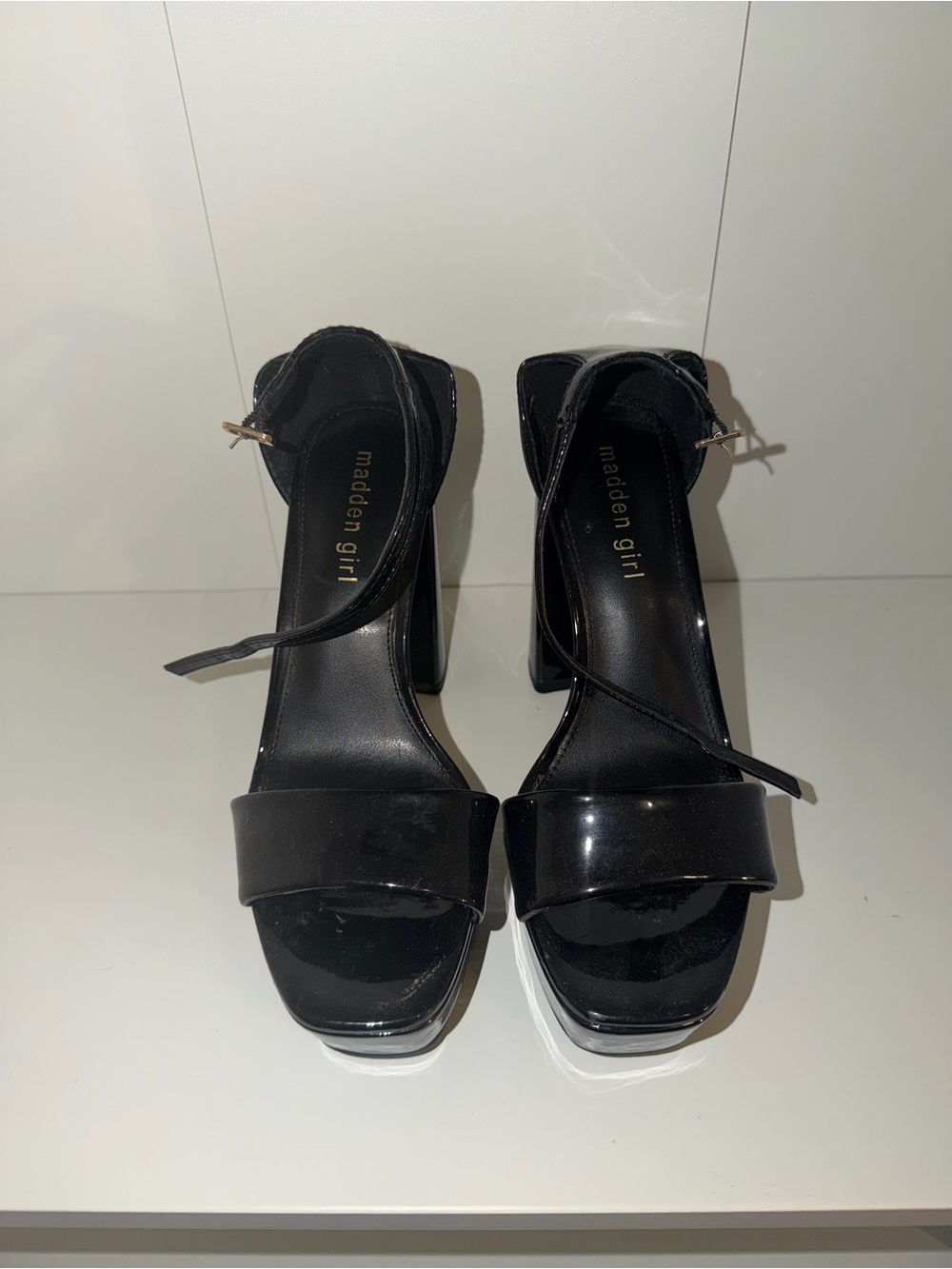 Madden Girl 4 inch Black Patent Ankle-Strap Block Heels